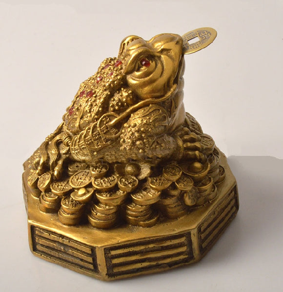 Feng Shui Money Frog. 3 Legged Toad on Bed of Ingots, Coins and Bagua